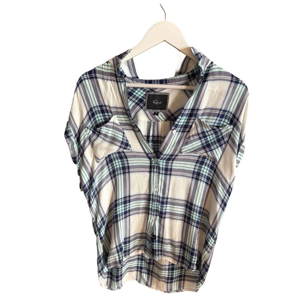 Rails Britt Plaid Button Down Shirt Navy Mint Cream Short Sleeve Flannel Top XS